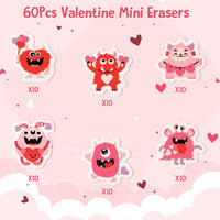Haooryx 60Pcs Valentine Monster Mini Eraser for Kids, Cartoon Monster Assorted Pencil Erasers 3D Desk Puzzle Erasers Pet for Student Homework Class Prizes Valentine’s Party Gift Filler Favor