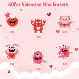 Haooryx 60Pcs Valentine Monster Mini Eraser for Kids, Cartoon Monster Assorted Pencil Erasers 3D Desk Puzzle Erasers Pet for Student Homework Class Prizes Valentine’s Party Gift Filler Favor