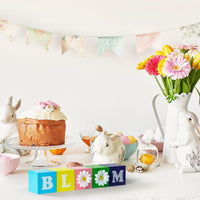 Haooryx 5Pcs Spring Easter Bloom Artificial Daisy Tiered Tray Decor Colorful Daisy Flower Bloom Wood Centerpieces Decorations Spring Farmhouse Wooden Sign for Easter Day Party Home Table Decor