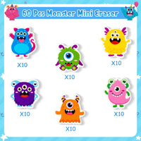 Haooryx 60Pcs Halloween Monster Mini Eraser for Kids Bulk, Cartoon Monster Assorted Pencil Erasers 3D Desk Puzzle Erasers Pet for Student Homework Class Prizes Trick or Treat Party Gift Filler Favor