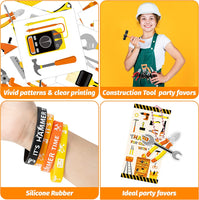 Haooryx 72pcs Construction Tool Party Favors Set of Engineering Silicone Bracelets, Keychains, Thank You Card, Temporary Tattoo and Organza Bags for Kid Construction Theme Birthday Party School Reward