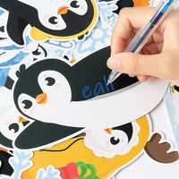 Haooryx 135Pcs Winter Sliding Into A New Year Penguin Bulletin Board Set, Penguin Paper Cut-Outs Blackboard Border Nametag Set for Christmas Party Home School Classroom Whiteboard Window Wall Decora
