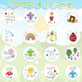 Haooryx 1000pcs Spring Theme Christian Religious Sticker Rolls, 16 Designs Crayons Drawing Style Cartoon Religious Sticker Cute Jesus God Is Love Hello Spring Sticker for Kids Sunday School VBS Supply