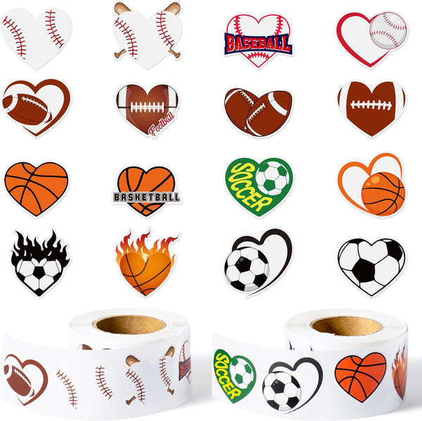 Haooryx 1000pcs Valentine’s Day Heart-Shaped Ball Sports Sticker Rolls, 16 Designs Sports Theme Football Basketball Baseball Soccer Self-Adhesive Sticker Decals for Sports Party Giftwrap Decor
