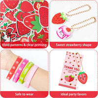 Haooryx 110PCS Strawberry Theme Party Favors Fruit Mochi Toys Berry Sweet Rubber Bracelet Acrylic Strawberry Scrapbook Stickers Keychains with Thank You Card for Girls Birthday Summer Party Goodie Bag