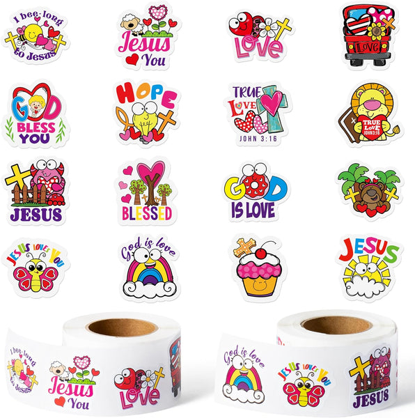 Haooryx 1000pcs Valentine’s Theme Religious Sticker Rolls, 16 Designs Cartoon Chtistian Religious Theme Hope Love God is Love Bless You Self Adhsive Sticker Decals for Kids Sunday School VBS Supplies
