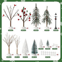 Haooryx 24pcs Mini Artificial Christmas Village Tree Accessories Miniature Pine Trees Park Bench Seat Snow Frost Trees Set Farmhouse Xmas Scene Figurines Decor Xmas Diy Crafts Village Collections Gift