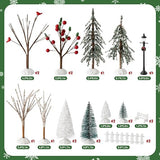 Haooryx 24pcs Mini Artificial Christmas Village Tree Accessories Miniature Pine Trees Park Bench Seat Snow Frost Trees Set Farmhouse Xmas Scene Figurines Decor Xmas Diy Crafts Village Collections Gift
