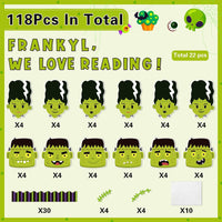 Haooryx 118Pcs Halloween Frankly We Love Reading Green Monster Bride Bulletin Board Classroom Decoration Set, Green Monster Character Cutouts for Halloween Home Party School Chalkboard Wall Decor