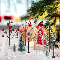 Haooryx 24pcs Mini Artificial Christmas Village Tree Accessories Miniature Pine Trees Park Bench Seat Snow Frost Trees Set Farmhouse Xmas Scene Figurines Decor Xmas Diy Crafts Village Collections Gift