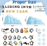 Haooryx 135Pcs Winter Sliding Into A New Year Penguin Bulletin Board Set, Penguin Paper Cut-Outs Blackboard Border Nametag Set for Christmas Party Home School Classroom Whiteboard Window Wall Decora