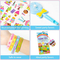 Haooryx 72PCS Candyland Theme Party Favors Candyland Silicone Bracelets Lollipop Whistle Candyland Keychains with Thank You Card and Organza Bags for Kids Birthday Baby Shower Party Goodie Bag Supply