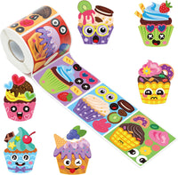 Haooryx 300pcs Make A Cupcake Face Scene Sticker Roll Make Your Own Cartoon Cupcake Happy Face Sticker Decal Cute Mix and Match Art Craft Dessert Sticker for Kids Birthday Dessert Party Giftwrap Decor