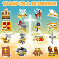 Haooryx 1000pcs Armor of God Sticker Rolls, 16 Designs Christian Religious Theme Self Adhesive Sticker Decals Cartoon Bible Armor Medieval Knight Castle Sword Sticker for Kids Sunday School VBS Supply
