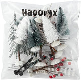 Haooryx 24pcs Mini Artificial Christmas Village Tree Accessories Miniature Pine Trees Park Bench Seat Snow Frost Trees Set Farmhouse Xmas Scene Figurines Decor Xmas Diy Crafts Village Collections Gift