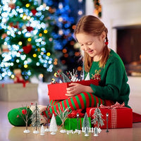 Haooryx 24pcs Mini Artificial Christmas Village Tree Accessories Miniature Pine Trees Park Bench Seat Snow Frost Trees Set Farmhouse Xmas Scene Figurines Decor Xmas Diy Crafts Village Collections Gift
