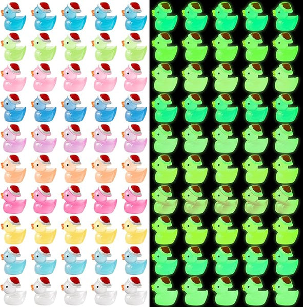 Haooryx 100Pcs Christmas Mini Resin Ducks Luminous Miniature Christmas Hat Duck Figures Glow in The Dark Bulk Small Duck for Micro Fairy Landscape Dollhouse Accessories Aquarium Birthday Party Decor