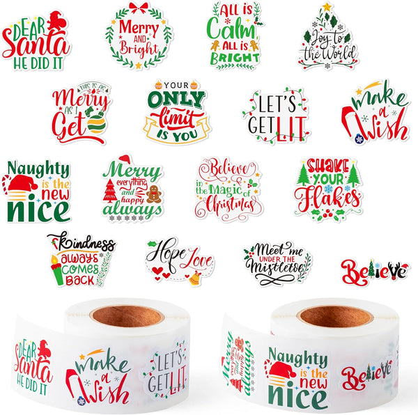 Haooryx 1000pcs Christmas Inspirational Sticker Rolls(2 Rolls), 16 Designs Motivational Sayings Positive Words Sticker for Kids Hope&Love Self-Adhesive Sticker Decals for Christmas Party Supply