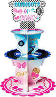 Haooryx Burnout or Bow Gender Reveal Party Decorations Cupcake Stand, 3 Tier Racing Bow Cupcake Tower Cardboard Dessert Holder for Boy or Girl Baby Shower He or She Gender Reveal Party Decor Supplies
