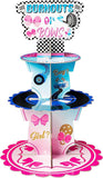 Haooryx Burnout or Bow Gender Reveal Party Decorations Cupcake Stand, 3 Tier Racing Bow Cupcake Tower Cardboard Dessert Holder for Boy or Girl Baby Shower He or She Gender Reveal Party Decor Supplies