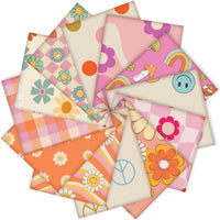 Haooryx 12pcs Hippie Groovy Patterned Cotton Fabric Bundles 22 x 18 Inch Retro Boho Rinbow Floral Printed Fat Quarter Vintage Cute Cotton Fabric for DIY Handmade Sewing Quilting Crafting Patchwork