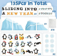 Haooryx 135Pcs Winter Sliding Into A New Year Penguin Bulletin Board Set, Penguin Paper Cut-Outs Blackboard Border Nametag Set for Christmas Party Home School Classroom Whiteboard Window Wall Decora