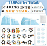 Haooryx 135Pcs Winter Sliding Into A New Year Penguin Bulletin Board Set, Penguin Paper Cut-Outs Blackboard Border Nametag Set for Christmas Party Home School Classroom Whiteboard Window Wall Decora