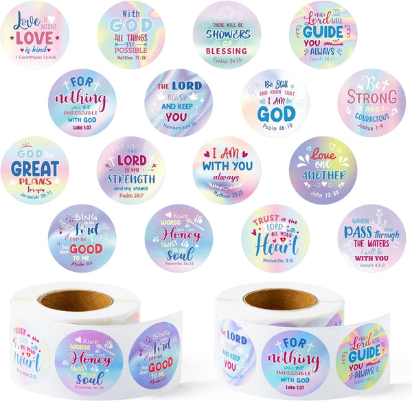 Haooryx 1000pcs Christian Religious Sticker Rolls, 16 Designs Inspirational Religious Colorful Self Adhesive Sticker Decals Motivational Saying from The Bible Sticker for Kids Sunday School VBS Reward
