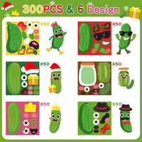Haooryx 300pcs Christmas Theme Make A Pickle Face Scene Sticker Roll, Make Your Own Pickle Gherkin Sticker Decals Mix and Match DIY Cartoon Cucumber Art Craft for Kids Xmas Party Favor Supplies