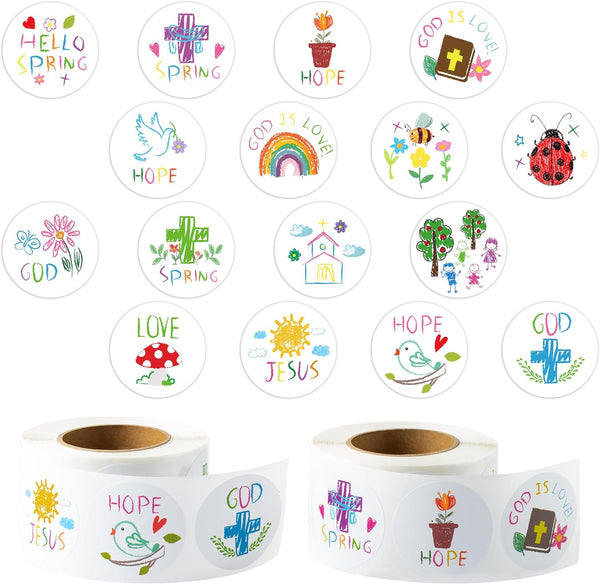 Haooryx 1000pcs Spring Theme Christian Religious Sticker Rolls, 16 Designs Crayons Drawing Style Cartoon Religious Sticker Cute Jesus God Is Love Hello Spring Sticker for Kids Sunday School VBS Supply