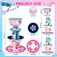 Haooryx Burnout or Bow Gender Reveal Party Decorations Cupcake Stand, 3 Tier Racing Bow Cupcake Tower Cardboard Dessert Holder for Boy or Girl Baby Shower He or She Gender Reveal Party Decor Supplies