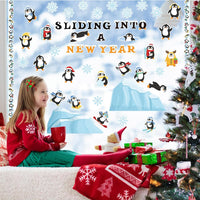 Haooryx 135Pcs Winter Sliding Into A New Year Penguin Bulletin Board Set, Penguin Paper Cut-Outs Blackboard Border Nametag Set for Christmas Party Home School Classroom Whiteboard Window Wall Decora