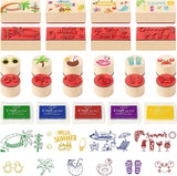 Haooryx 10pcs Summer Beach Theme Wooden Stamps with 5pcs Stamp Ink Pads Tropical Summer Time Decorative Stamping for Classroom Scrapbook Greeting Card Decor DIY Art Craft Supply Kid’s Birthday Gift
