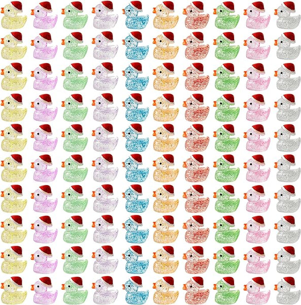 Haooryx 100Pcs Christmas Mini Resin Ducks Glitter Miniature Christmas Hat Duck Figures Shine Tiny Duck Ornaments Micro Landscape Fairy Garden Dollhouse Accessories for Xmas Birthday Party Decor