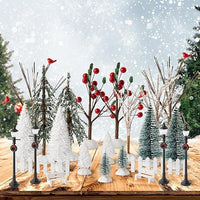 Haooryx 24pcs Mini Artificial Christmas Village Tree Accessories Miniature Pine Trees Park Bench Seat Snow Frost Trees Set Farmhouse Xmas Scene Figurines Decor Xmas Diy Crafts Village Collections Gift