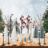 Haooryx 24pcs Mini Artificial Christmas Village Tree Accessories Miniature Pine Trees Park Bench Seat Snow Frost Trees Set Farmhouse Xmas Scene Figurines Decor Xmas Diy Crafts Village Collections Gift