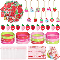 Haooryx 110PCS Strawberry Theme Party Favors Fruit Mochi Toys Berry Sweet Rubber Bracelet Acrylic Strawberry Scrapbook Stickers Keychains with Thank You Card for Girls Birthday Summer Party Goodie Bag