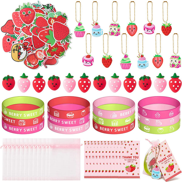 Haooryx 110PCS Strawberry Theme Party Favors Fruit Mochi Toys Berry Sweet Rubber Bracelet Acrylic Strawberry Scrapbook Stickers Keychains with Thank You Card for Girls Birthday Summer Party Goodie Bag