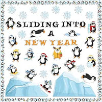 Haooryx 135Pcs Winter Sliding Into A New Year Penguin Bulletin Board Set, Penguin Paper Cut-Outs Blackboard Border Nametag Set for Christmas Party Home School Classroom Whiteboard Window Wall Decora