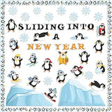 Haooryx 135Pcs Winter Sliding Into A New Year Penguin Bulletin Board Set, Penguin Paper Cut-Outs Blackboard Border Nametag Set for Christmas Party Home School Classroom Whiteboard Window Wall Decora