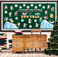 Haooryx 135Pcs Winter Sliding Into A New Year Penguin Bulletin Board Set, Penguin Paper Cut-Outs Blackboard Border Nametag Set for Christmas Party Home School Classroom Whiteboard Window Wall Decora