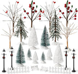 Haooryx 24pcs Mini Artificial Christmas Village Tree Accessories Miniature Pine Trees Park Bench Seat Snow Frost Trees Set Farmhouse Xmas Scene Figurines Decor Xmas Diy Crafts Village Collections Gift