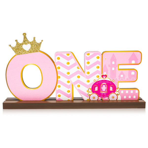 Haooryx Princess Glitter ONE Letter Sign Wooden Centerpiece for Girls First Birthday Party Decorations, Princess Tiara Shining Crown Table Decoration Baby Girl's Baby Shower Decor Supplies Photo Prop