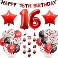Haooryx 32Pcs 16th Birthday Party Balloons Decoration Supplies Kit, White Black and Red Confetti Latex Balloons, Banner and Cake Topper Set Stars Number 16 Foil Balloons for 16 Years Old Teenager