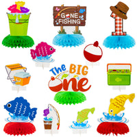 Haooryx 12Pcs The Big One Honeycomb Centerpieces, Gone Fishing Little Fisherman First Birthday Party Table Topper Decoration for Summer Fishing Theme 1st Birthday Baby Shower Pool Party Decor Supplies
