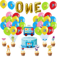 Haooryx 48Pcs Word Party 1st Birthday Party Favor Kit, Happy Birthday Cake Cupcake Toppers Set Cartoon Latex Balloons Gold Foil Balloon for One Year Old Baby Shower First Birthday Theme Party Decor