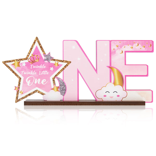 Haooryx Pink Twinkle Twinkle Little Star ONE Letter Sign Wooden Centerpiece, Glitter Star Baby Girl One Year Old Milestone First 1st Birthday Party Decoration Wood Table Sign Baby Shower Photo Props