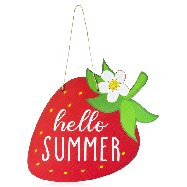Haooryx Strawberry Wood Hanging Welcome Door Sign, Hello Summer Strawberry Door Sign Plaque with Hanging Rope Front Door Wall Porch Wooden Hanging Decorations Supplies Housewarming Gift Home Decor
