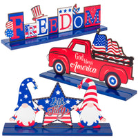 Haooryx 3Pcs Patriotic Wooden Centerpieces Table Decoration, 4th of July Independence Day Table Topper Signs God Bless America Wood Craft Center Piece Decor for Patriotic Party Memorial Day Home Decor