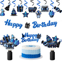 Haooryx 42Pcs Blue Birthday Party Decoration Set, Silver Navy Blue Happy Birthday Banner Hanging Swirls Cake Topper Cupcake Decorations Table Centerpieces for Boys Men Birthday Party Decor Supplies
